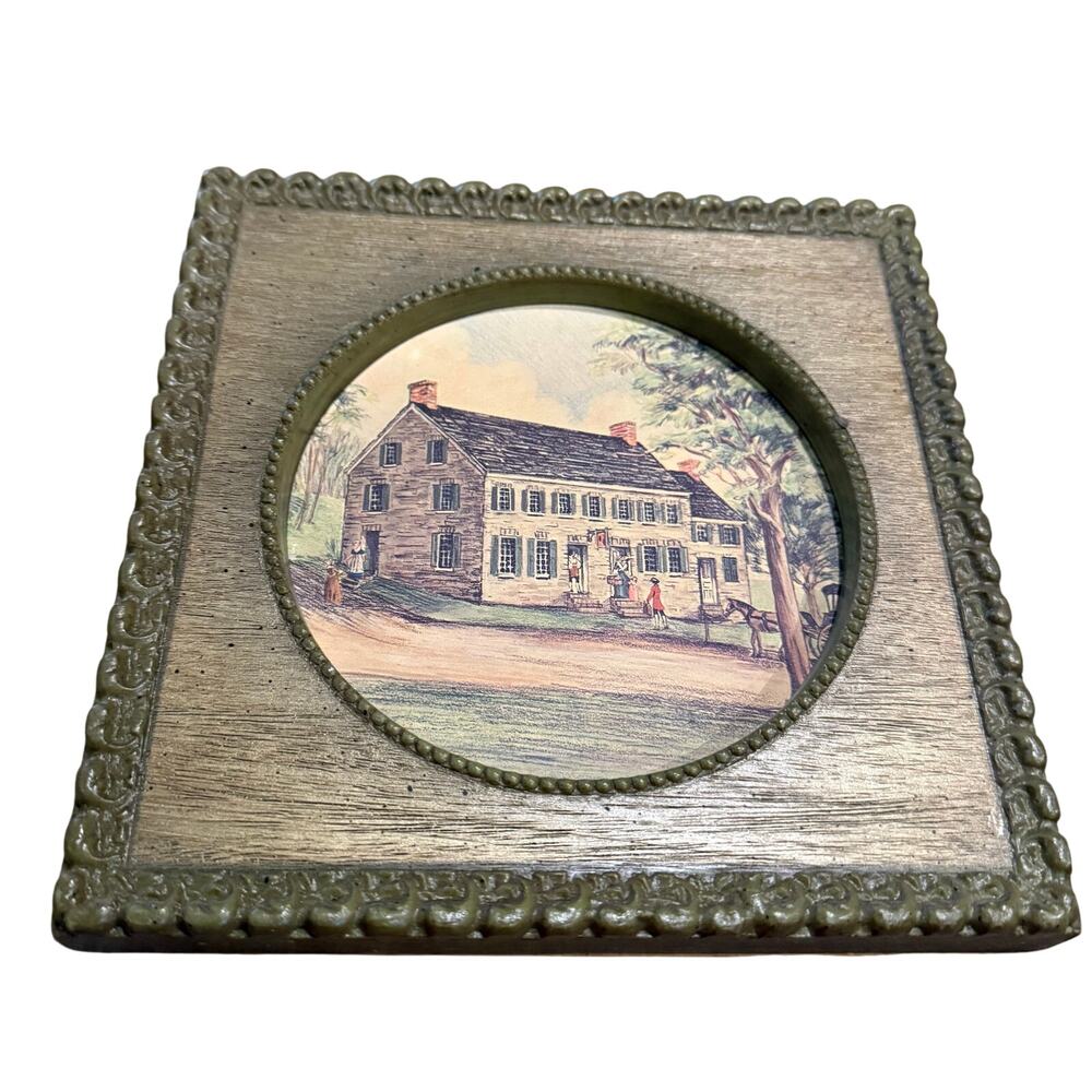 Vintage Early American / Colonial Historic House Color Art Print in Ornate Frame